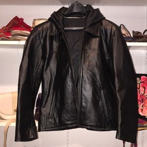 SOLD Black leather hooded jacket, size medium